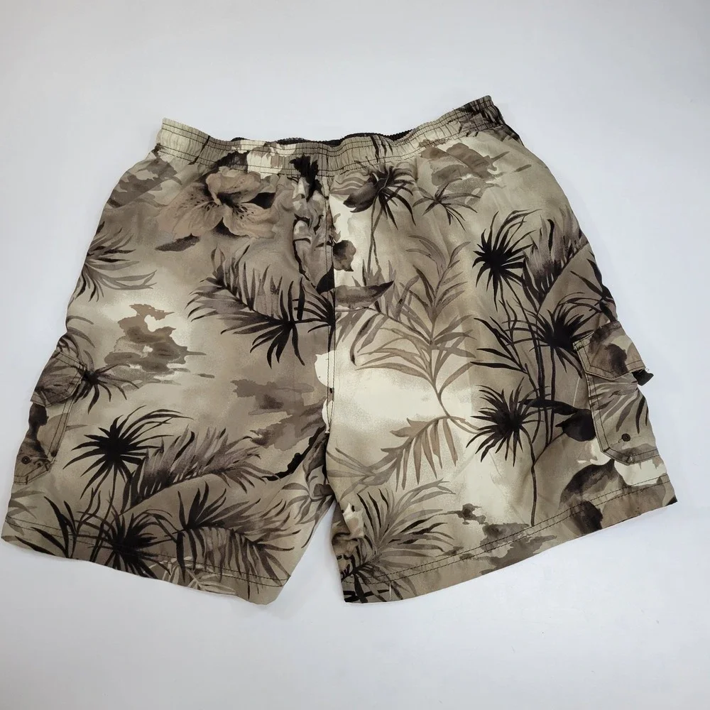 Sand & Sun‎ Men's Hawaiian Floral Cargo Swim Trunks Beige Large Beach Sz Large